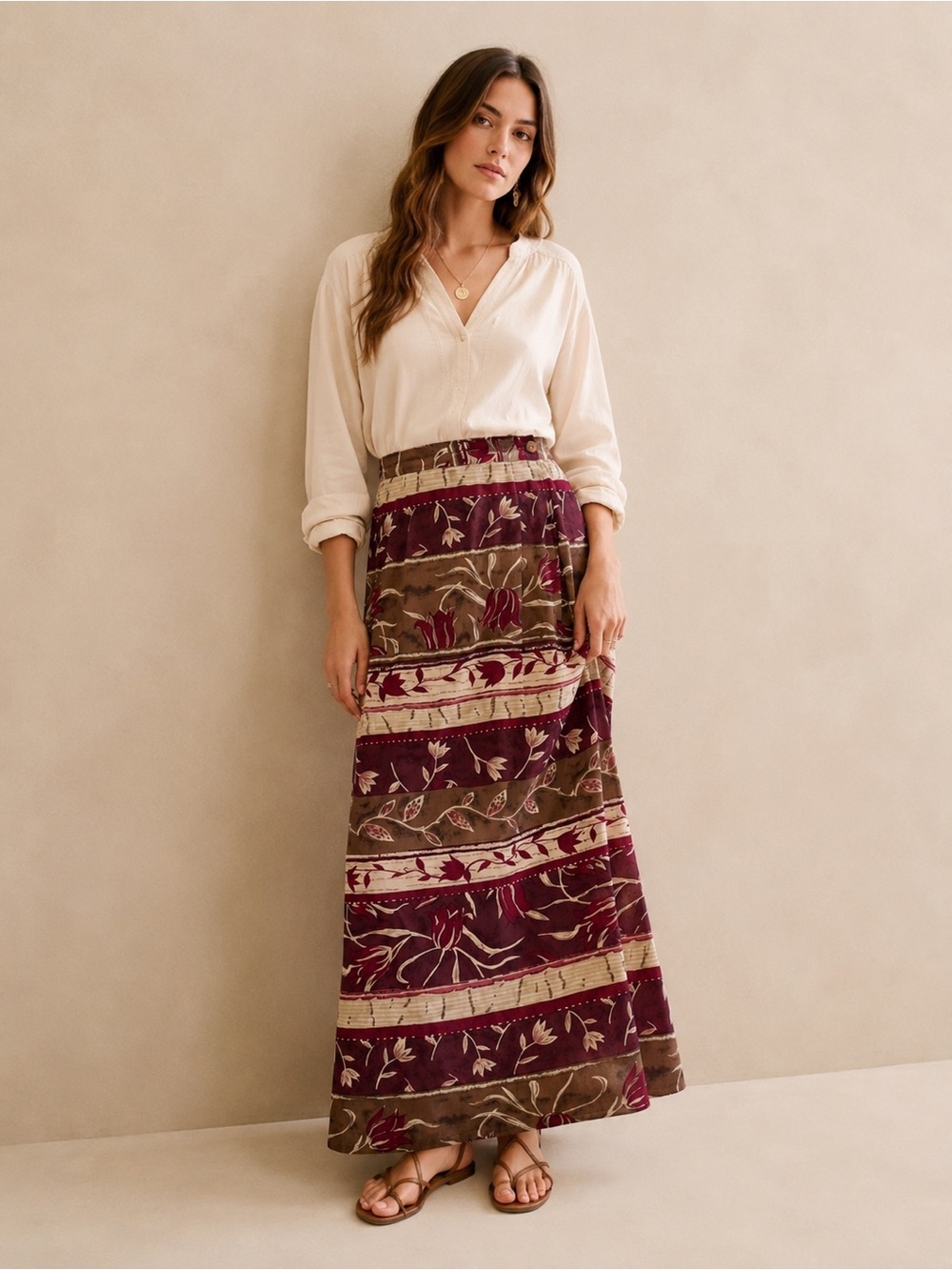 Vintage Silk Maxi Skirt Large Fall Floral Anna and Frank